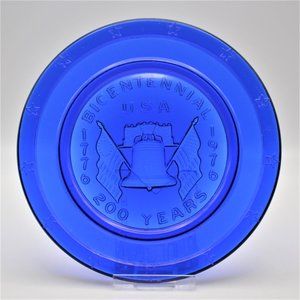 Bicentennial Cobalt Blue Small Glass Saucer Plate Decor w/ Liberty Bell & Flags